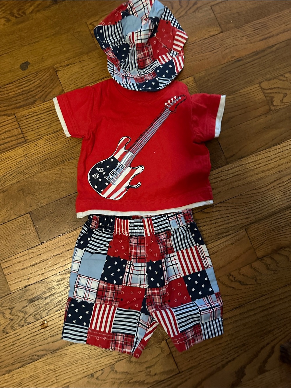 Red Patriotic Guitar baby boy Matching Set with Patchwork Shorts and Bucket Hat
